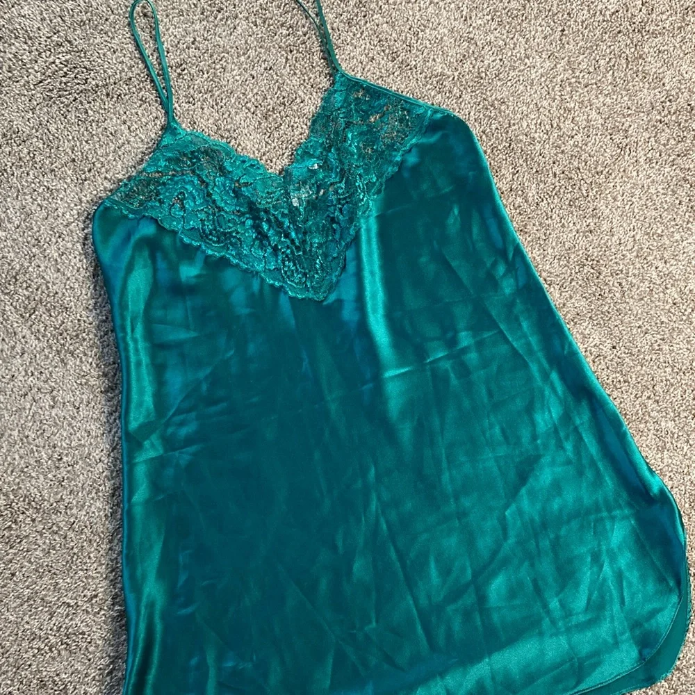 Vintage 90s y2k Alexandra Nicole Green Lace Satin Slip Dress jewel tone sz XXL - Picture 2 of 12